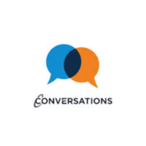 Conversations Graphic - two convervation bubbles, one blue, one orange